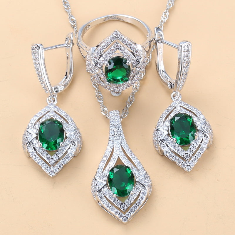 Gem-inlaid Pendant Earrings Necklace Ring Ladies Three-piece Set LadyShow.Store