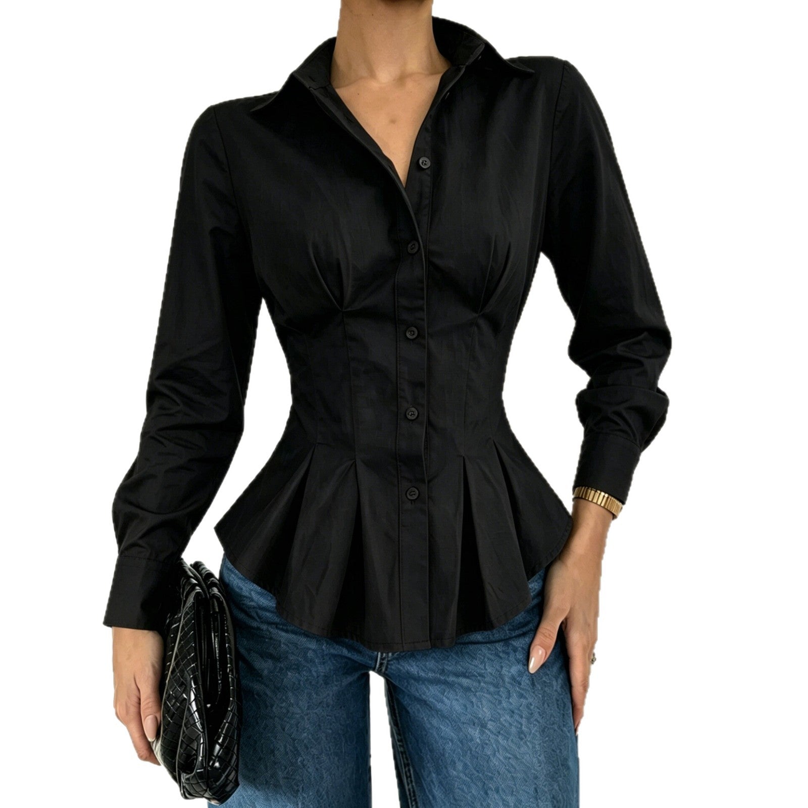 Fitted-waist Long-sleeve Shirt With Pleated Waist Detailing NorixaFashion.com