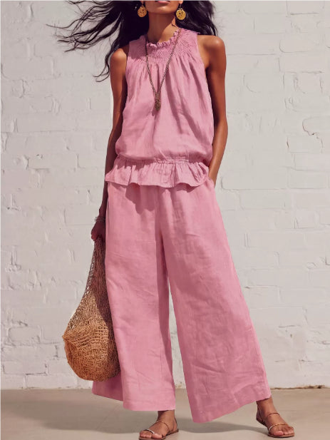 Summer Sleeveless Suit Fashion Ruffled Vest Top And Straight-leg Pants Women's Two-Piece Set NorixaFashion.com