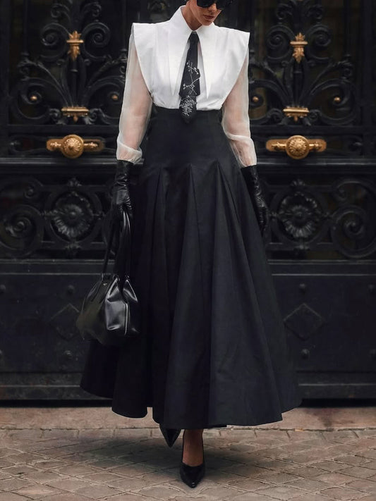 Black & White Oversized Shoulder Shirt & High-Waisted Maxi Skirt Set NorixaFashion.com