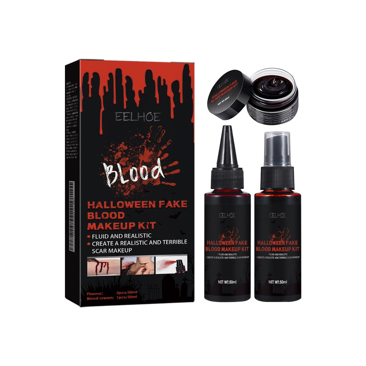 Halloween Fake Blood Makeup Suit Blood Spray 50mlx2  -plasma 30mlx1 1box Tri Light Beauty
