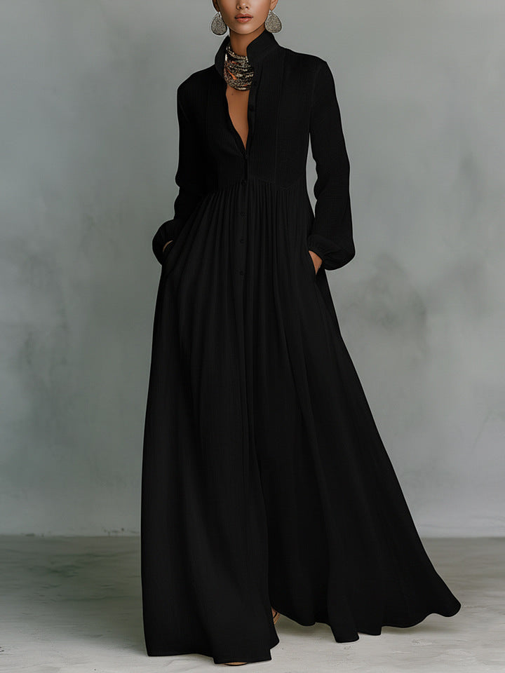 Elegant Stand Collar Button Down Maxi Dress - Long Sleeve Pleated Flowy Gown With Pockets NorixaFashion.com