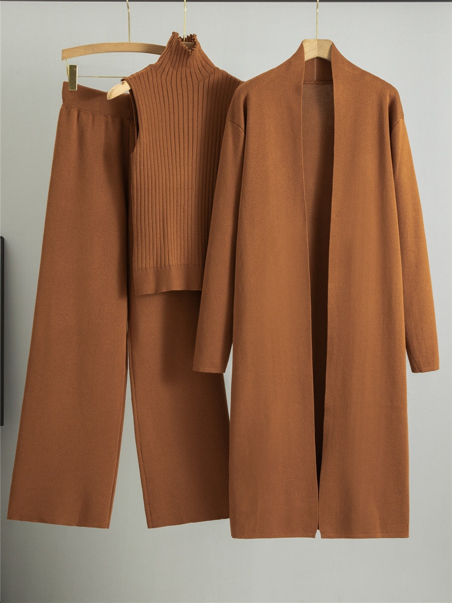 3pcs Suits Women Fashion Knitting Sleeveless Vest Sweater Long Cardigan And Wide-leg Pants Three-piece Set LadyShow.Store