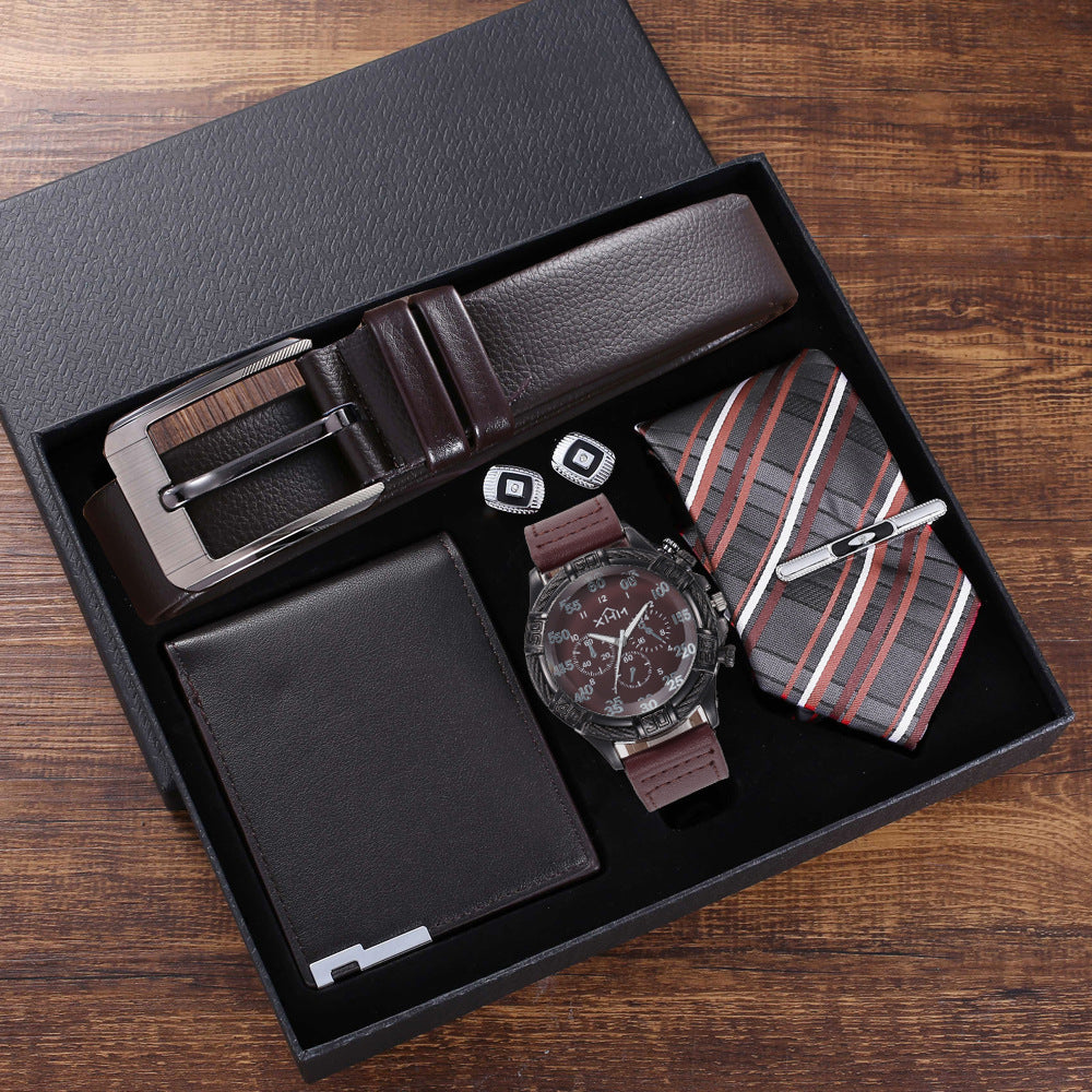 5pcs Set Boutique Gift Belt Wallet Tie Large Dial Quartz Watch Cufflinks Best YouTube Store