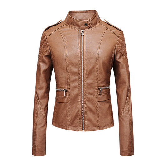 Women's Leather Jacket Women's Slim-fit Leather Jacket Women's Motorcycle Clothing PU Leather Women's Jacket Short Women's Leather Jacket Three-line Craft LadyShow.Store