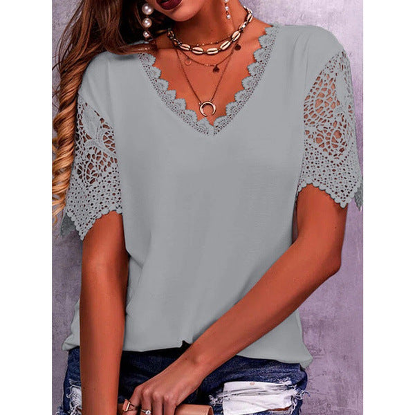 Lace Paneled Loose V-Neck Short Sleeves For Women NorixaFashion.com