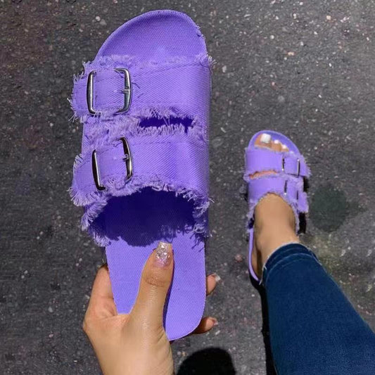 Casual Solid Canvas Buckle Denim Flat Slippers LadyShow.Store