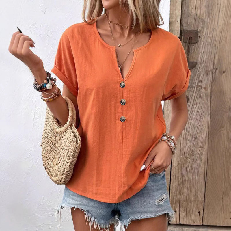 Women's Buttoned V-neck Short-sleeve T-shirt Top LadyShow.Store