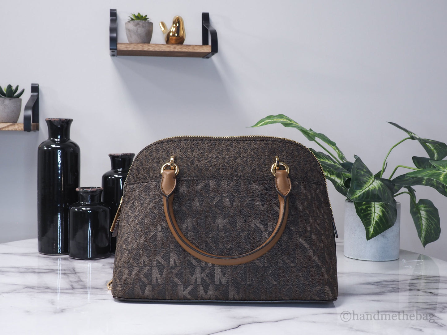 Michael Kors Jet Set Travel Medium Brown Signature PVC Dome X Cross Satchel Bag LadyShow.Store