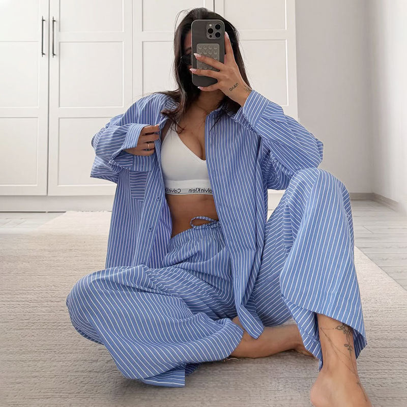 Fashionable Striped Casual Simple Womens Long-Sleeve Top And Pants Loose Set NorixaFashion.com