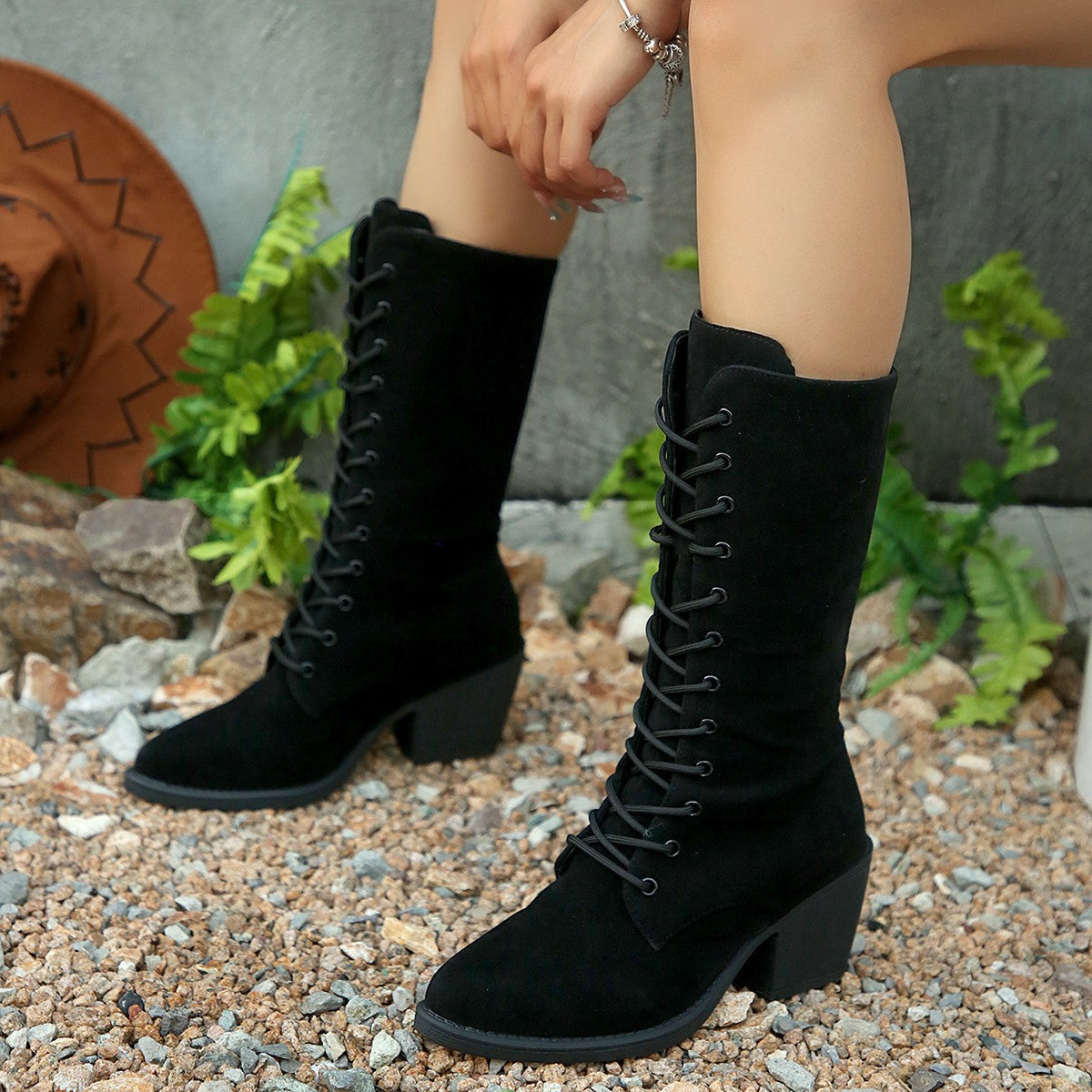 Mid-calf Fashion Suede Lace-up Pointed Chunky Heel Women's Boots LadyShow.Store
