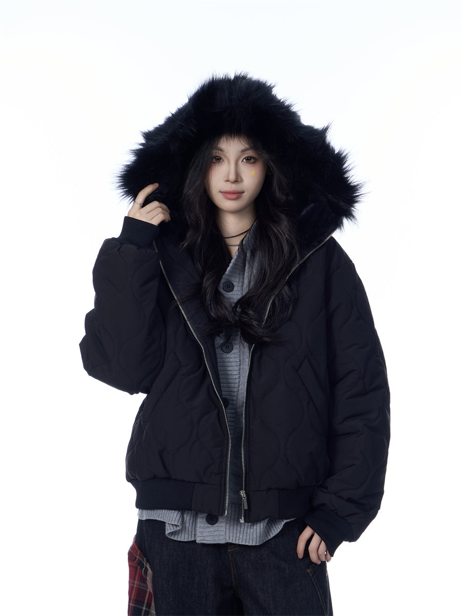 American Retro Rhombus Fur Collar Cotton Cardigan Hooded Cotton Jacket Best YouTube Store