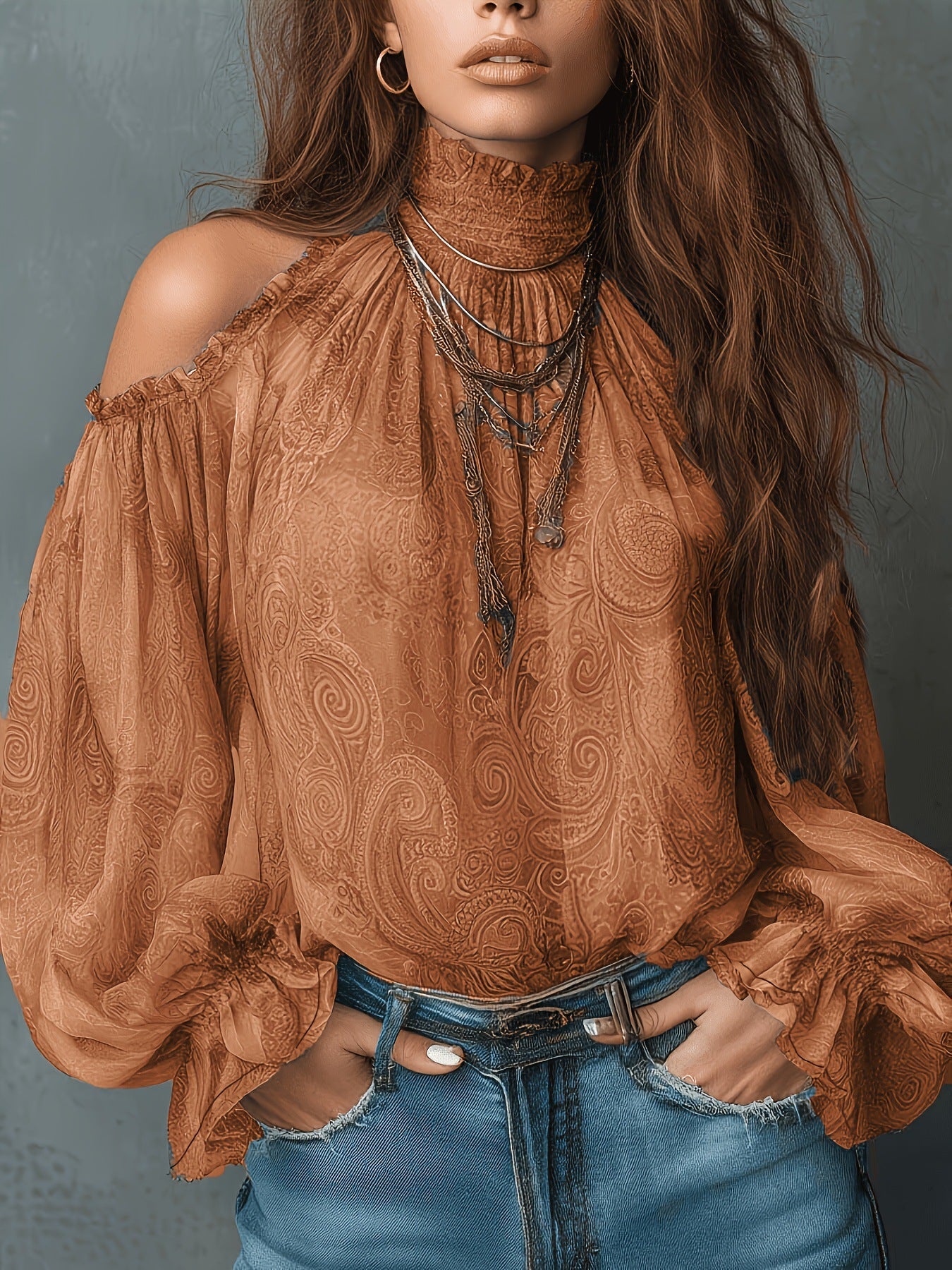 Retro Cashew-print High-neck Off-shoulder Chiffon Blouse NorixaFashion.com
