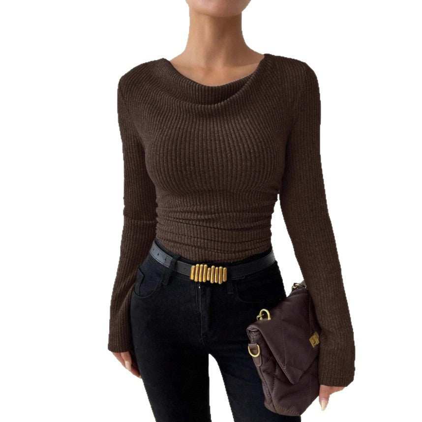 Autumn Bell Sleeve Draped Neck Slimming Knit Top LadyShow.Store