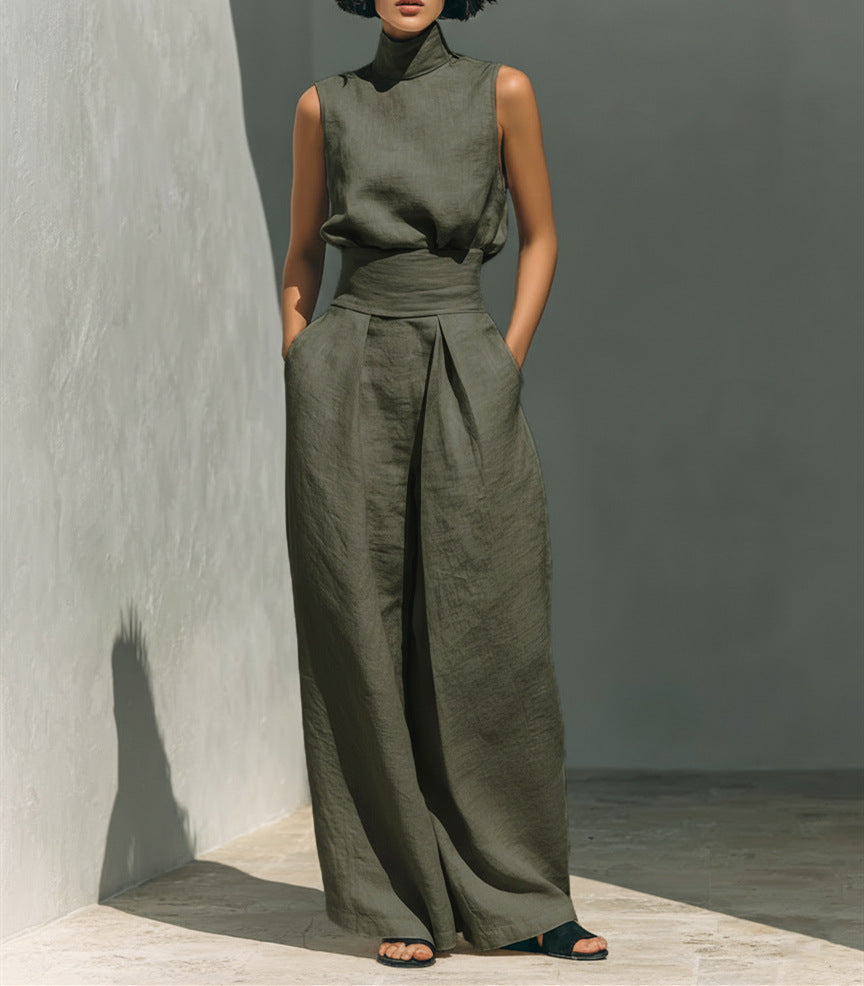 Casual Sleeveless Suit Summer Stand-up Collar Pullover Top And Loose Straight-leg Trousers Women's Clothing LadyShow.Store