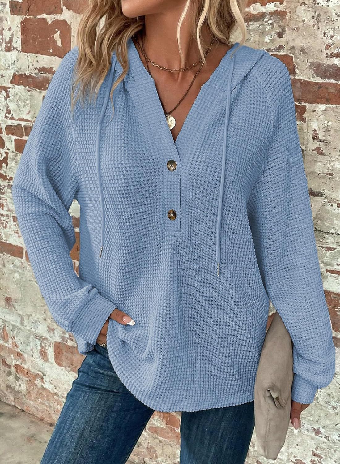 Waffle Hooded Sweater Sweatshirt Fashion Casual Long-sleeved Drawstring V-neck Buttons Top Women's Clothing NorixaFashion.com