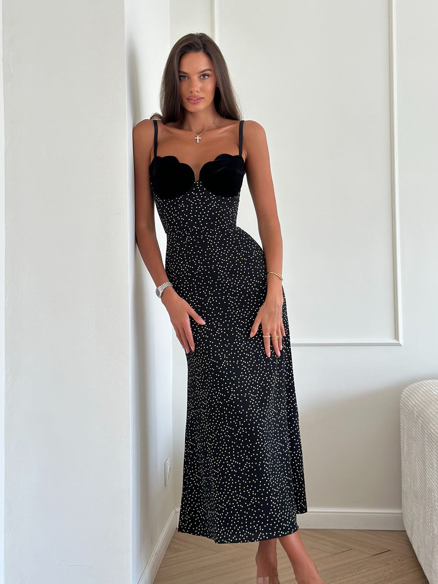 Velvet Patchwork Polka-dot Suspender Dress NorixaFashion.com
