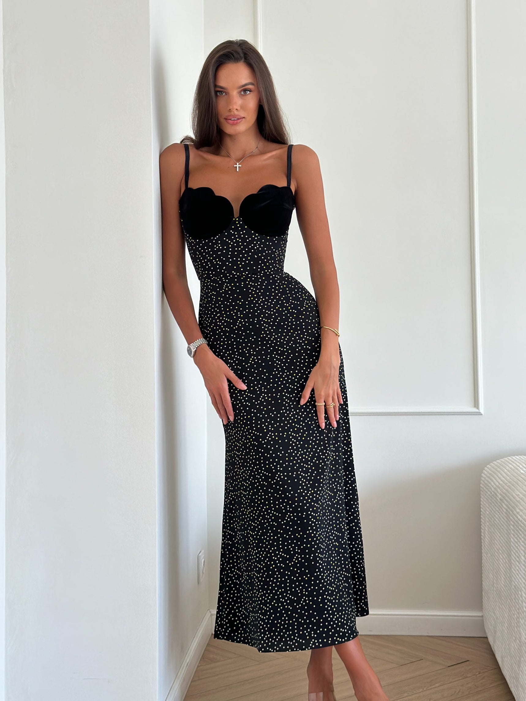 Velvet Patchwork Polka-dot Suspender Dress NorixaFashion.com
