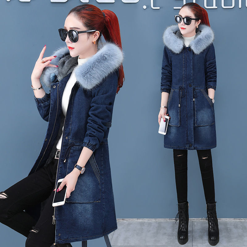 Plus Size Velvet Thick Mid-Length Denim Jacket for Women Pi-Mart
