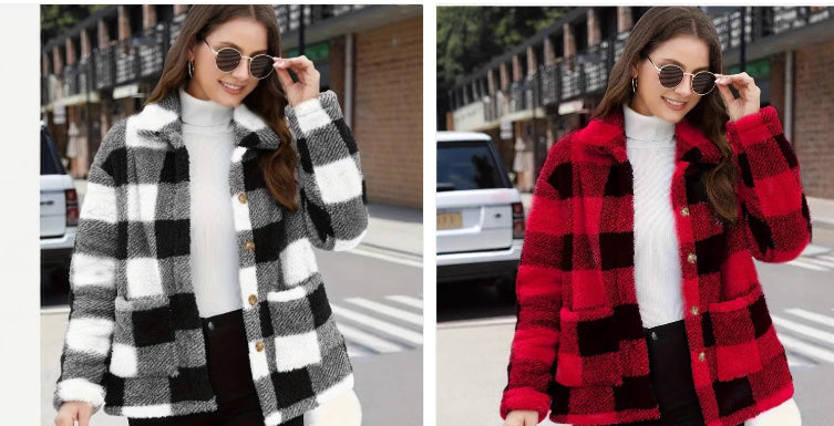 Color-blocked Plaid Jacket Fashion Lapel Pockets Single-breasted Coat Spring Fall Clothing For Women NorixaFashion.com