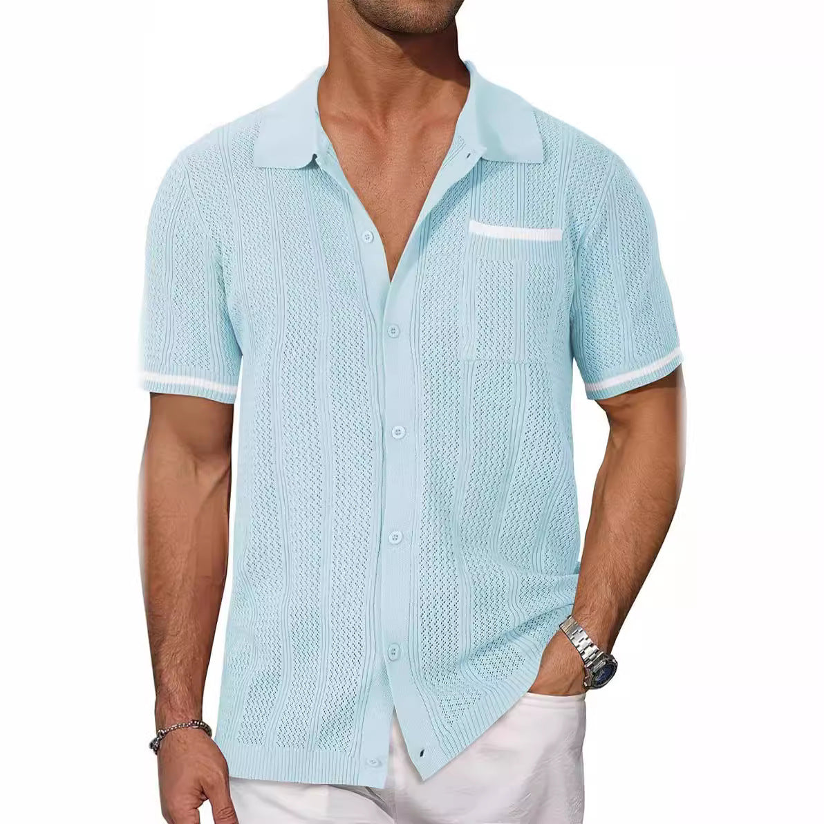 Short-sleeved Shirt Pocket Hollow Breathable Cool Summer Men's Casual Jacket Cardigan NorixaFashion.com