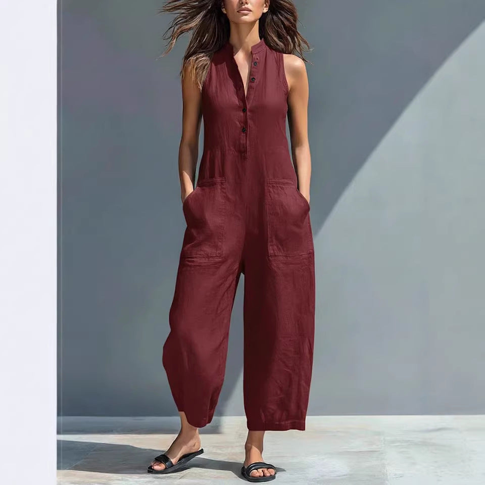 Summer Sleeveless Jumpsuit With Pockets Fashion Casual V-Neck Buttons Trousers Women's Overall Pants NorixaFashion.com