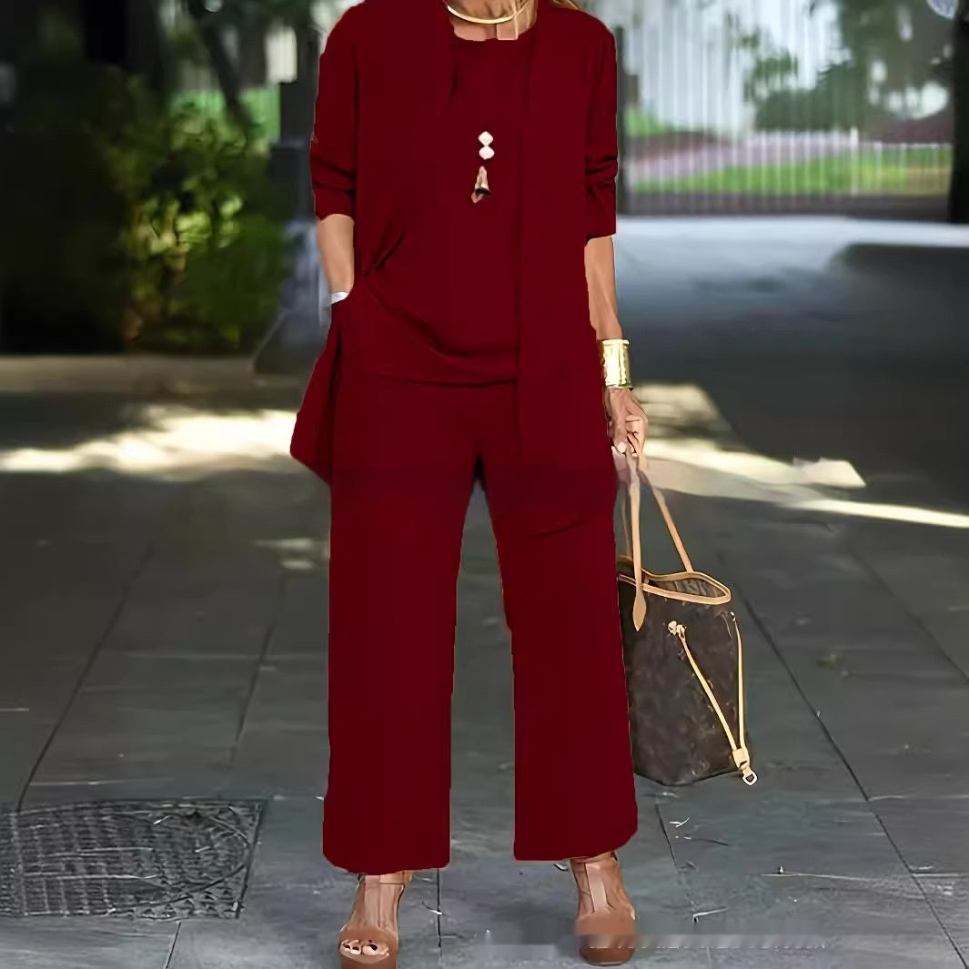 3-piece Cardigan Suit Pure Color Split Sleeveless Vest Top Long Sleeve Jacket And Wide Leg Pants Set NorixaFashion.com