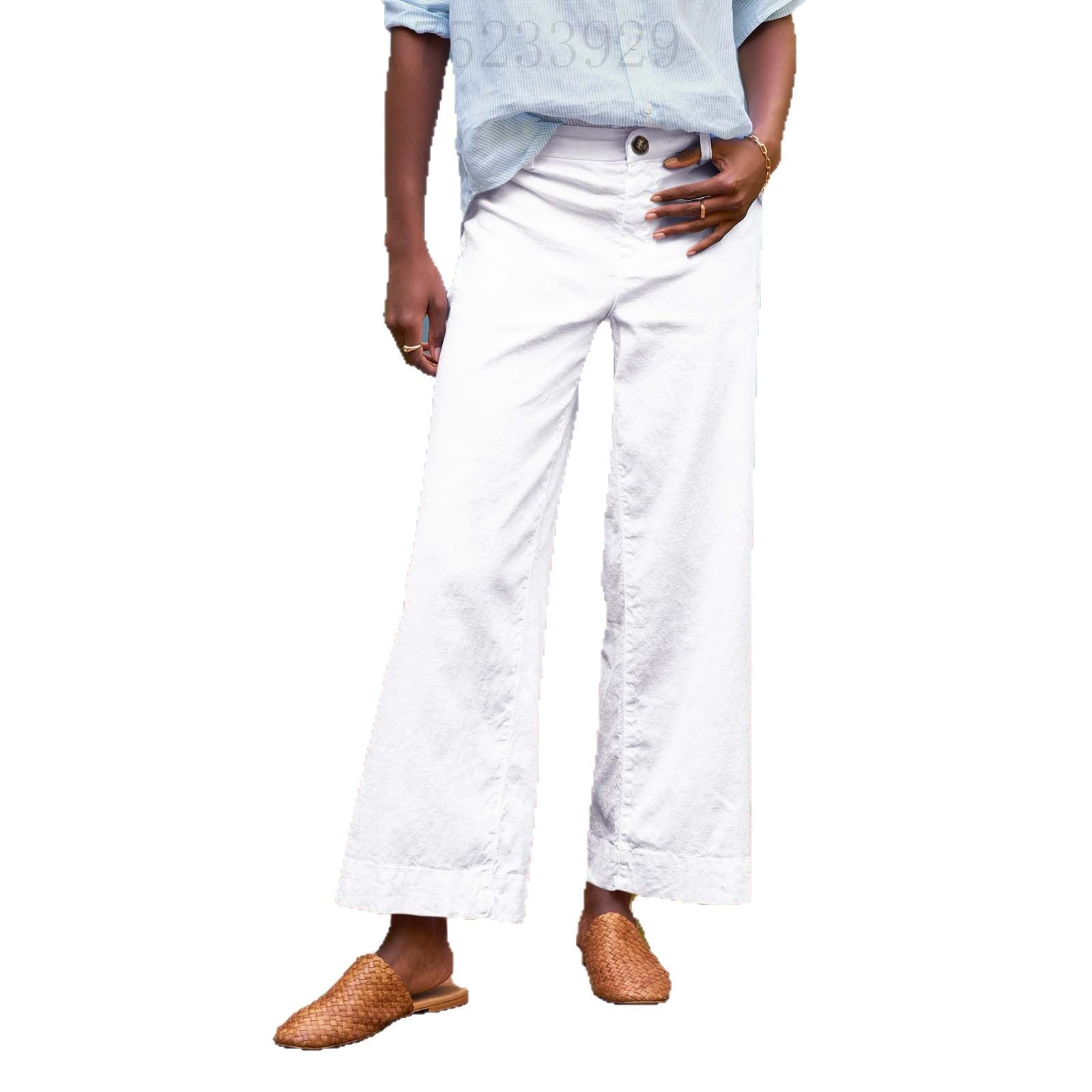 European And American Style High-Waisted Solid Color Cropped Flared Loose Wide-Leg Womens Trousers With Buttons NorixaFashion.com