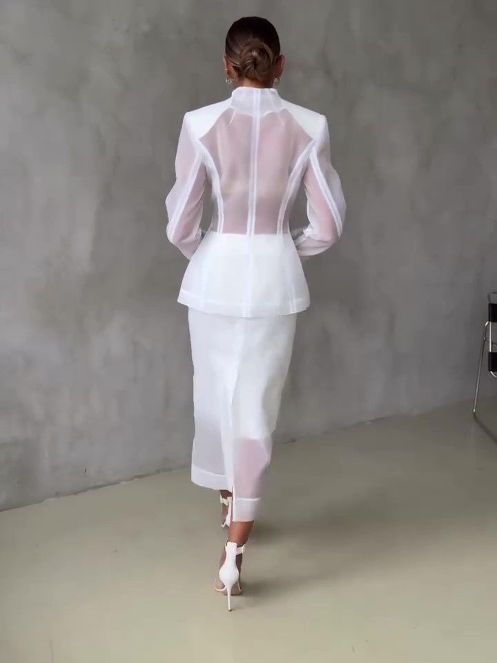 White Organza Tailored Blazer & Sheer Midi Skirt 2-Piece Set NorixaFashion.com