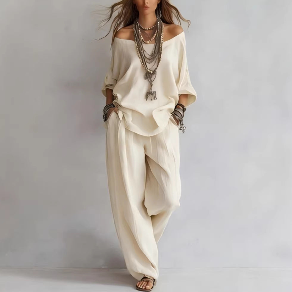 Off-shouder Suits Fashion Three-quarter Sleeves Top And Loose Pockets Wide-Leg Pants Set Women's Clothing NorixaFashion.com