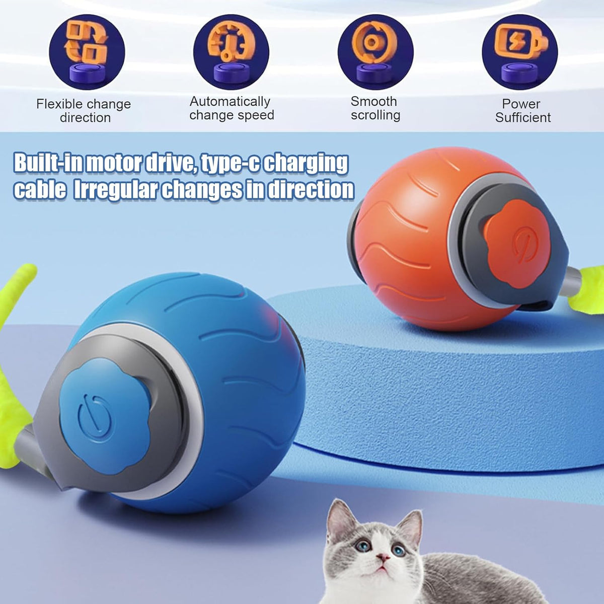 Speedy Tail Cat Toy,Interactive Cat Toy For Indoor Cats,Cat Ball Toy,Interactive Cat Toy Ball,Two Speed Adjustment,USB Rechargeable Pets Fashion