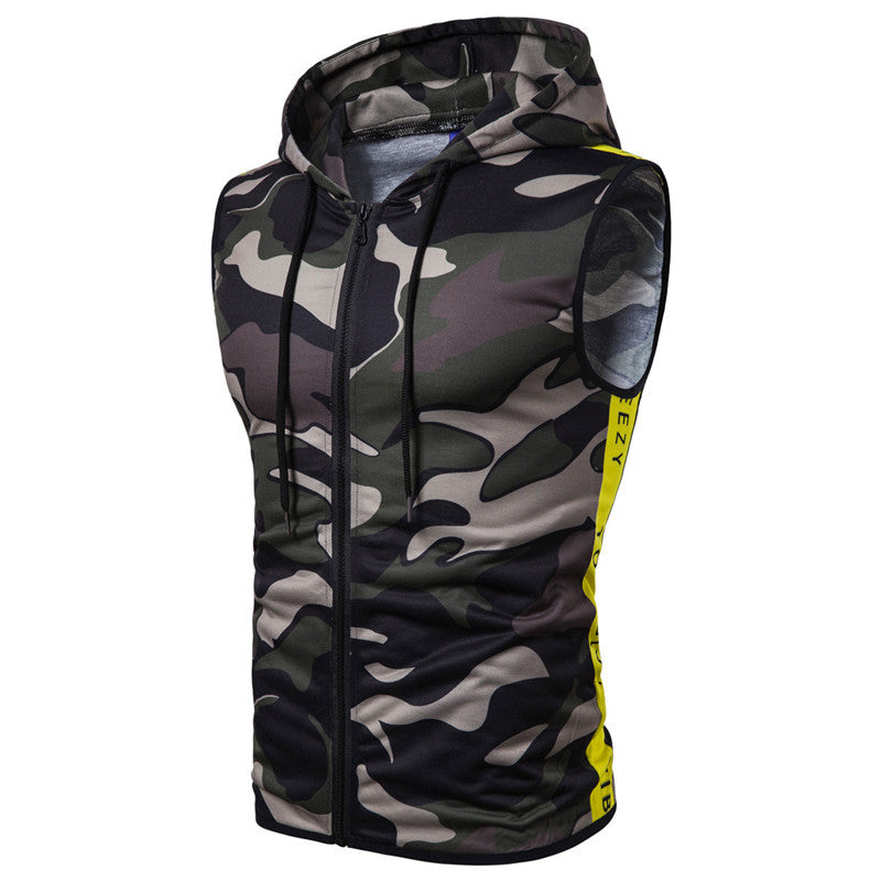 Zipper Hooded Sleeveless Camouflage Printed Fitness Sports Vest