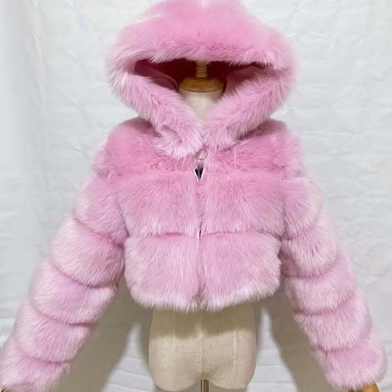 Short Hooded Faux Fur Long Sleeve Coat NorixaFashion.com