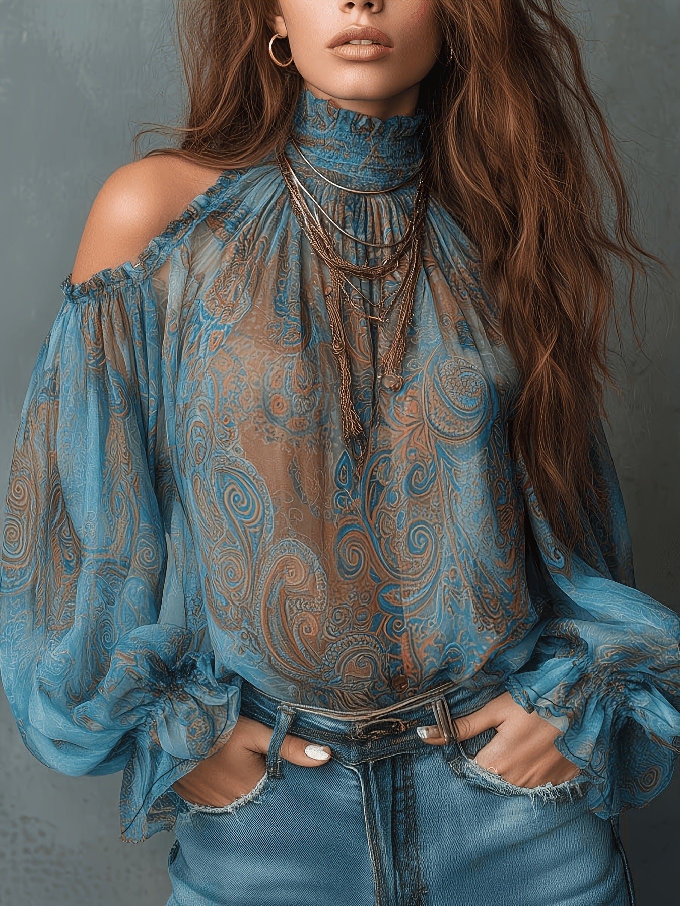 Retro Cashew-print High-neck Off-shoulder Chiffon Blouse NorixaFashion.com
