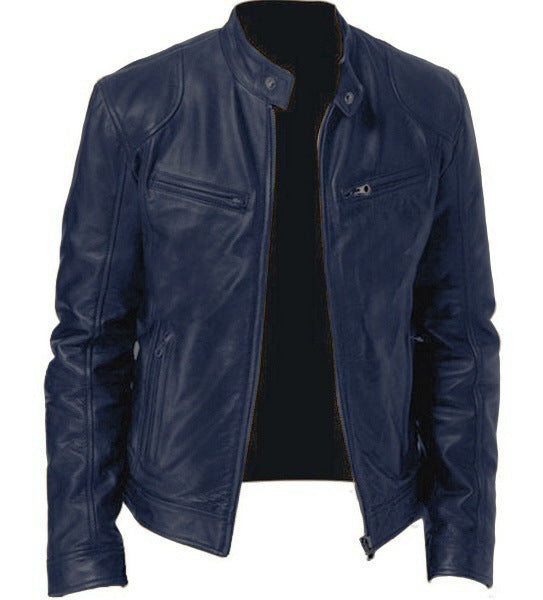 Men's Zip-up Cardigan PU Leather Jacket Fashion Pockets Stand Collar Short Tops Clothing Best YouTube Store