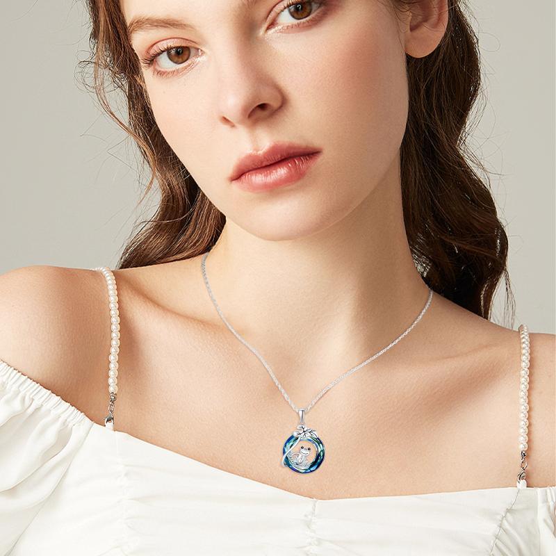 925 Sterling Silver Frog Lotus Leaf Necklace with Circle Crystal Pendant Cute Animal Jewelry Gifts LadyShow.Store