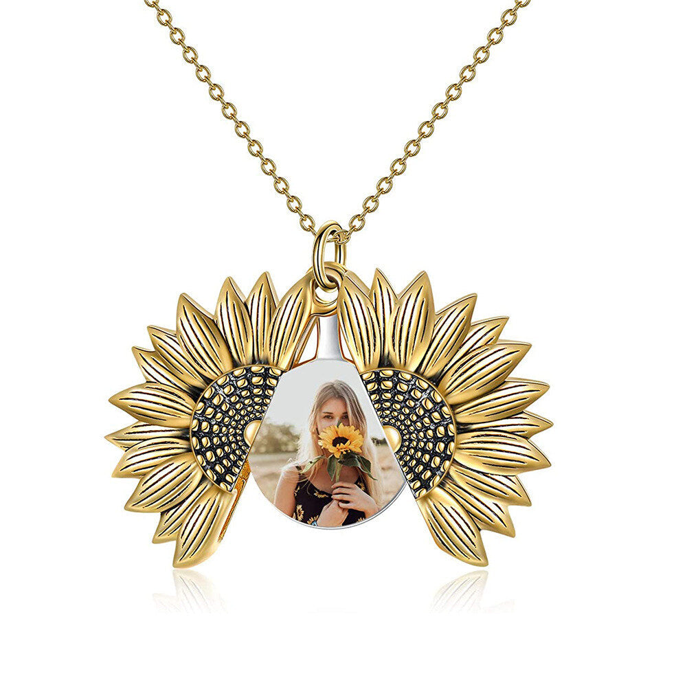 925 Sterling Silver Sunflower Photo Locket Necklace You Are My Sunshine Engraved Pendant LadyShow.Store