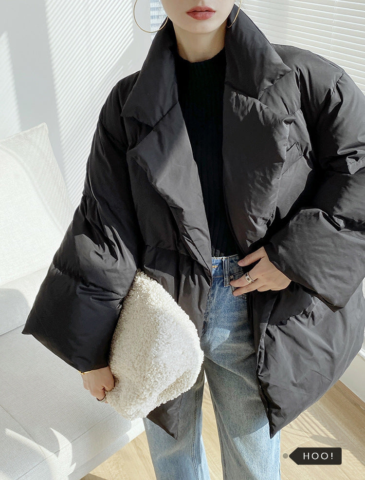 Mid-Length Loose Down Jacket with Suit Collar Pi-Mart