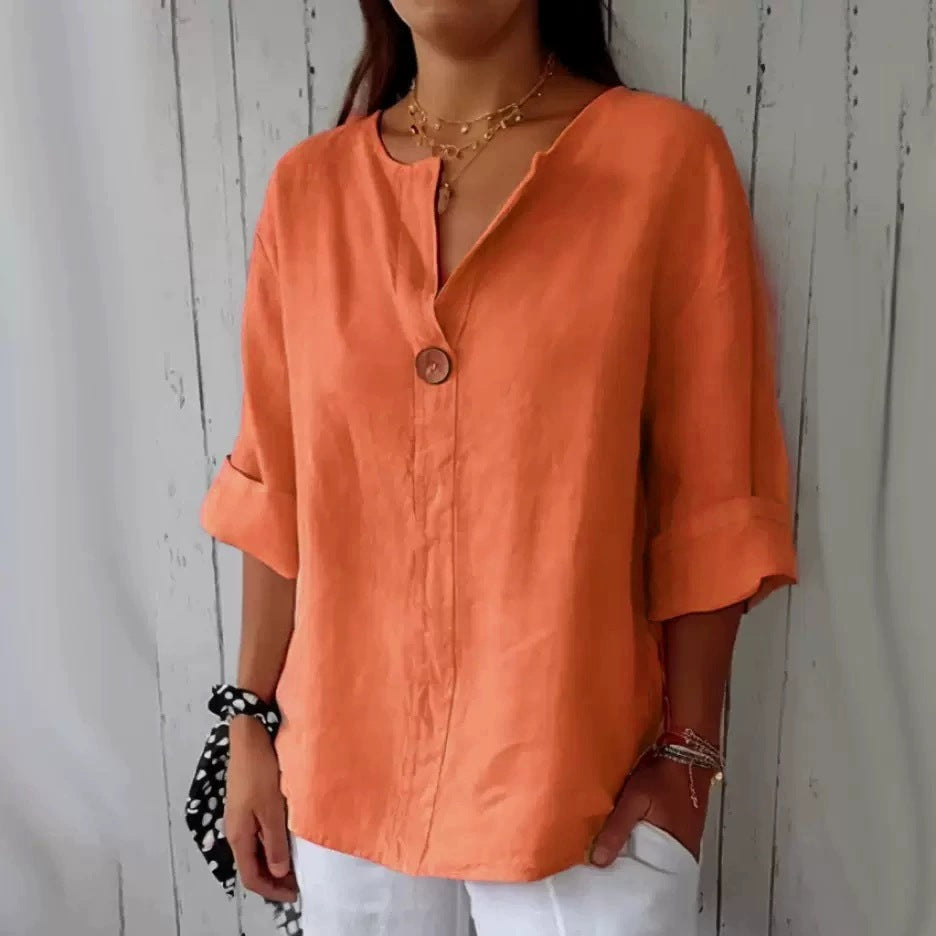 V-neck Long-sleeved T-shirt Fashion Loose Cotton And Linen Button Tops For Women NorixaFashion.com