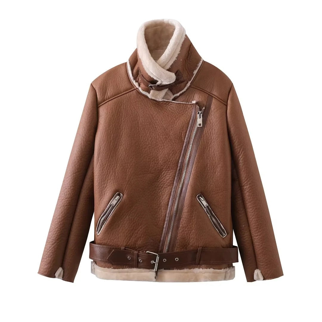 Burst Board Fur Integrated Lamb Fur Thick Warm Jacket Motorcycle LadyShow.Store