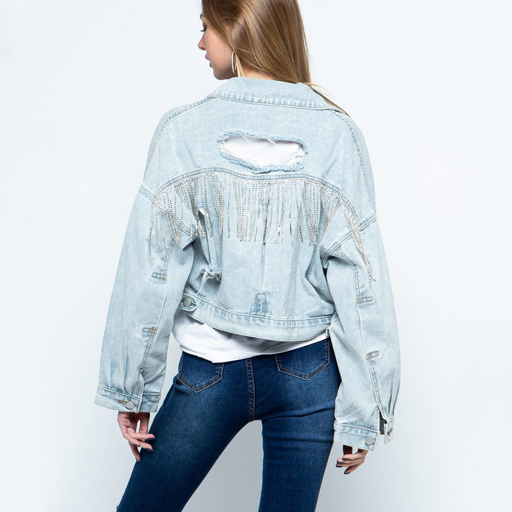 Ripped Rhinestone Denim Jacket Tassel Long Sleeve Denim Jacket