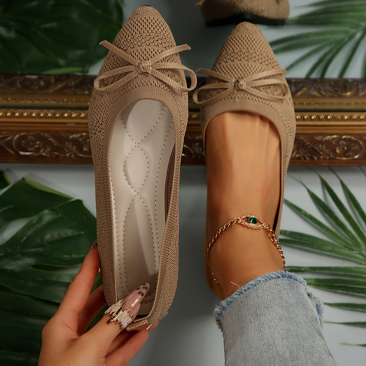 Bow Knitted Loafers Ins Fashion Pointed-toed Flats Shoes For Women CJD