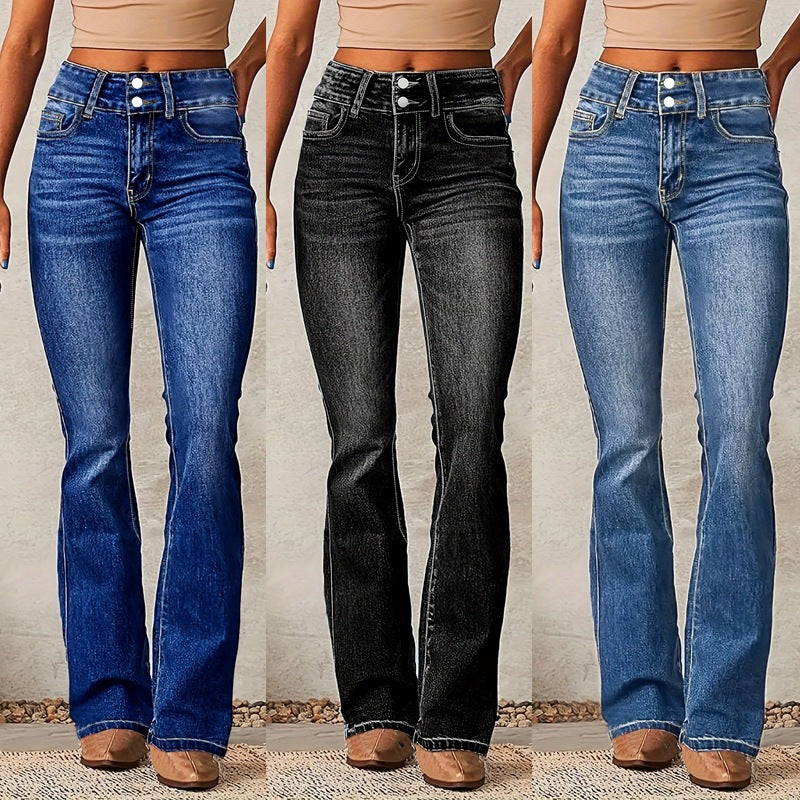Skinny Flared Jeans With Pockets Fashion Button Zipper Trousers Women's Slim Denim Pants LadyShow.Store
