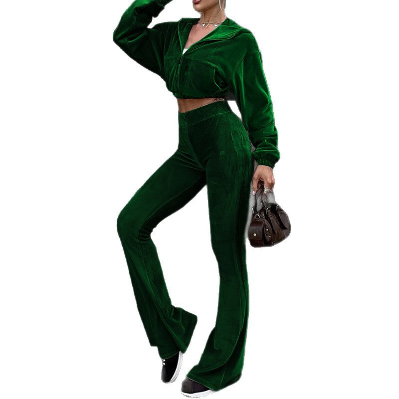 Women's Autumn New Casual Velvet High-Waist Top And Flared Pants Two-Piece Set LadyShow.Store