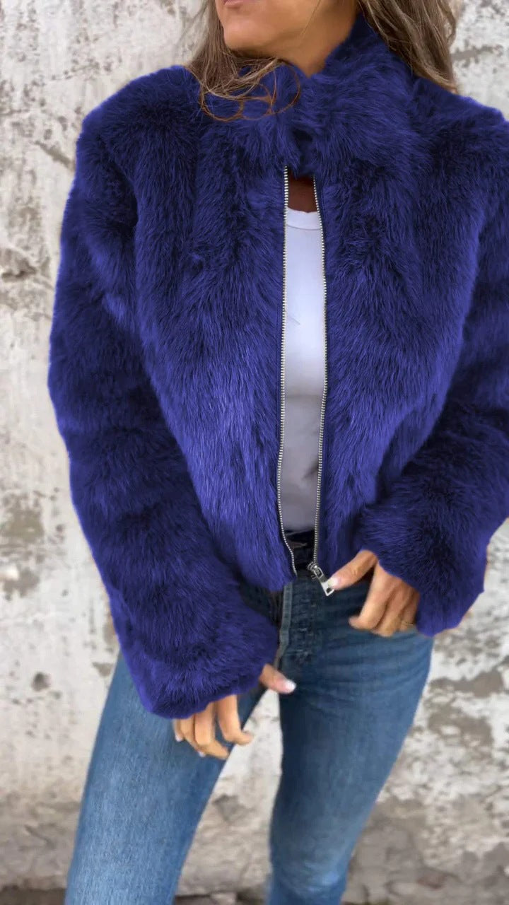 Fashion Stand Collar Plush Jacket Winter Casual Turtleneck Zipper Coat Fleece Tops Women's Clothing LuxuryLifeWay Online Store
