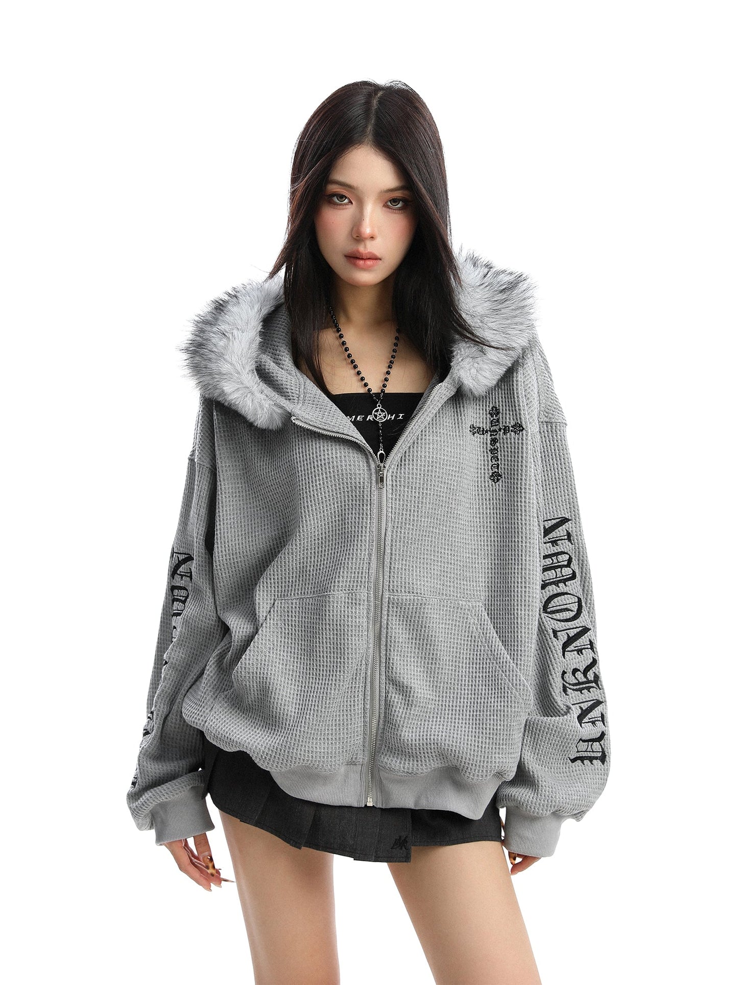 Cross Printed Hoodie Women's Fur Collar Baggy Coat Best YouTube Store