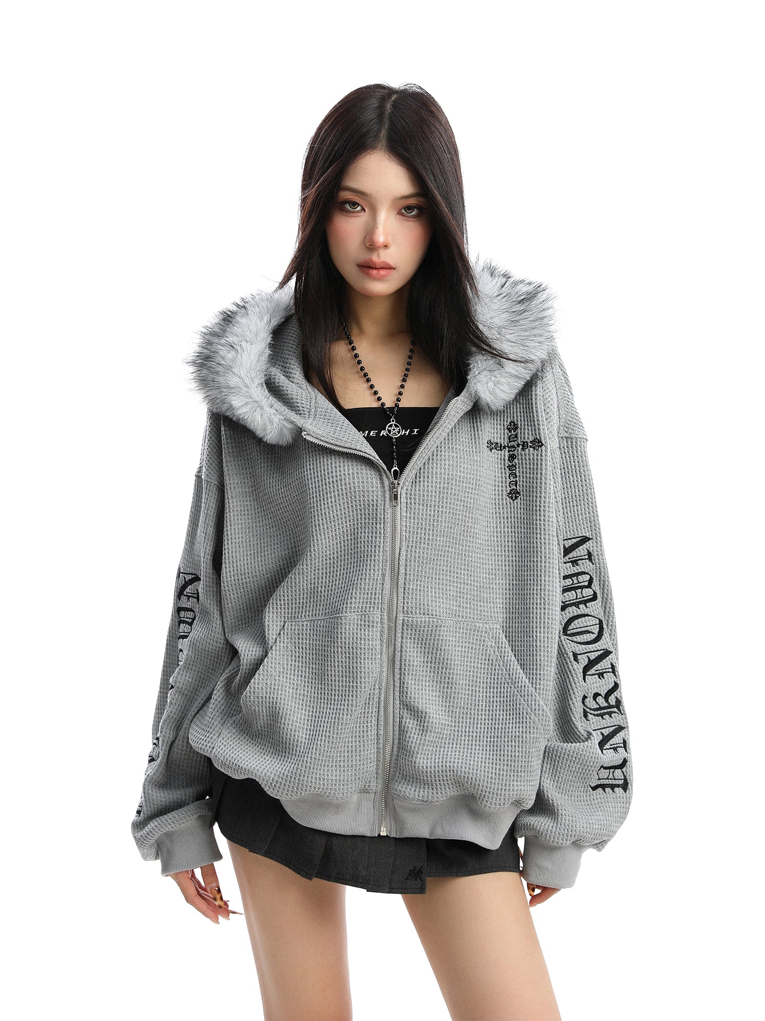 Cross Printed Hoodie Women's Fur Collar Baggy Coat Best YouTube Store
