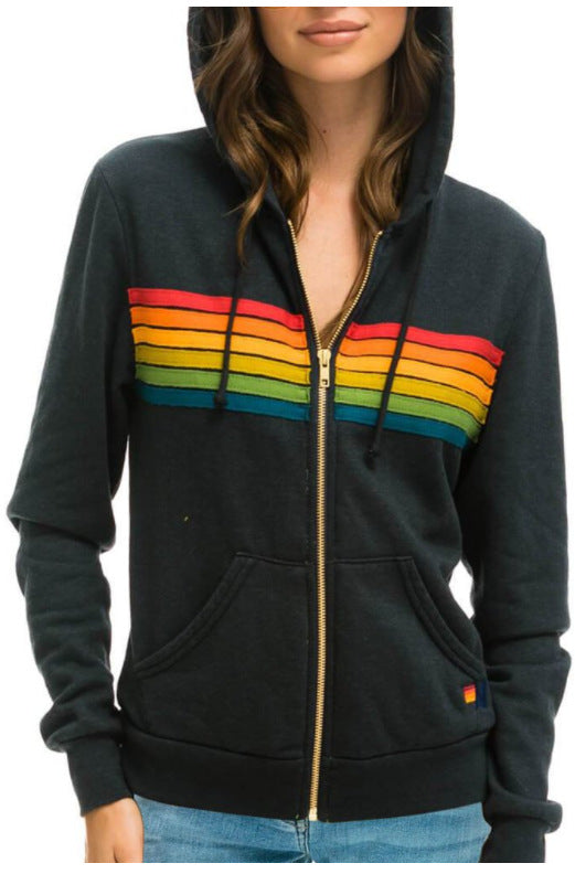 European And American Women's Casual Rainbow Sweater Jacket NorixaFashion.com