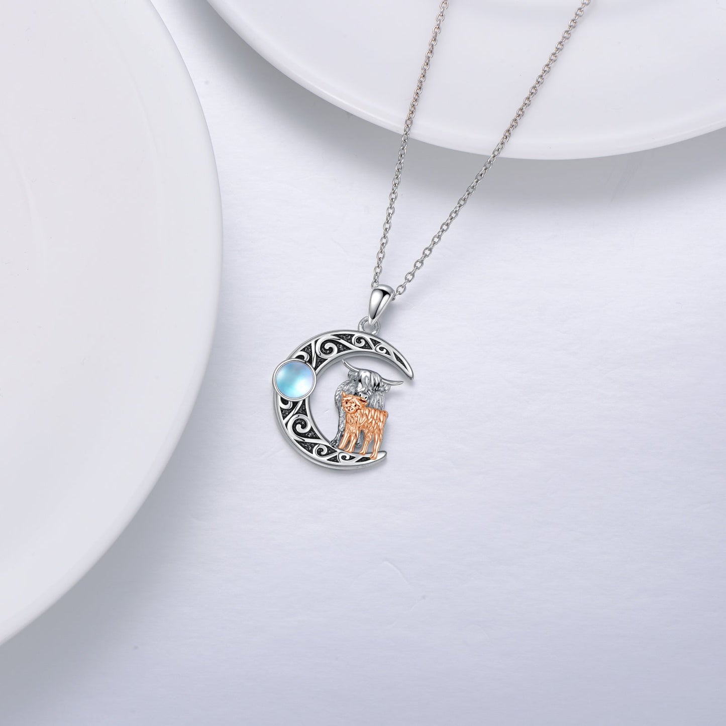 Mother Kids Highland Cow Moon 925 Sterling Silver Necklace With Moonstone LadyShow.Store