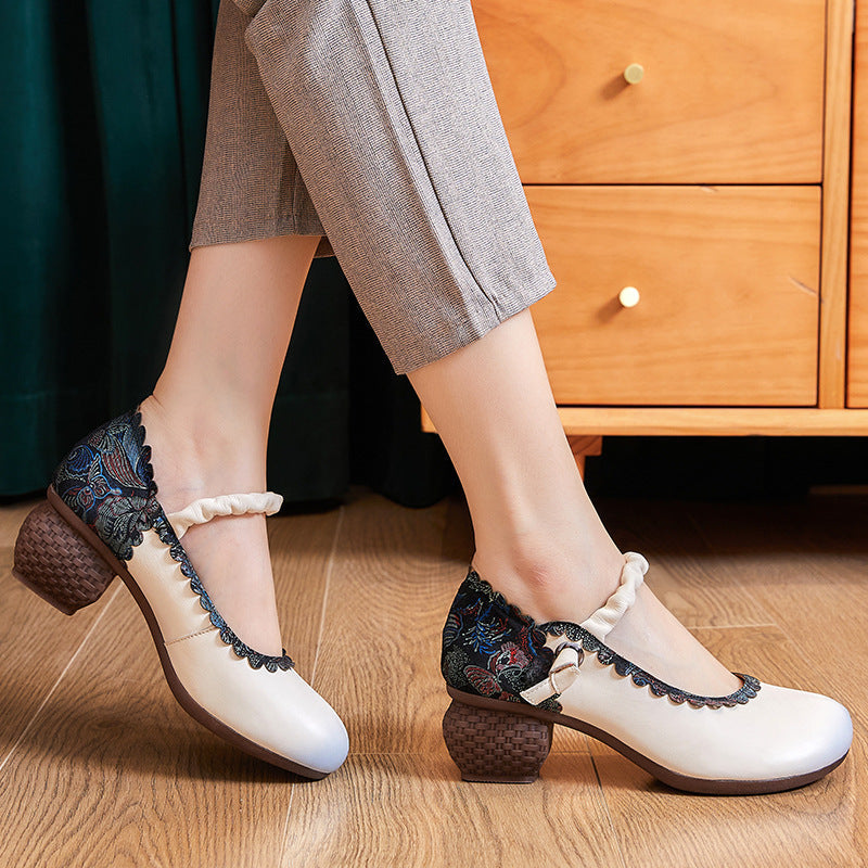 Vintage Chinese Element Violet Butterfly Thick Heel Soft Leather Round Toe Versatile Single Shoe LadyShow.Store